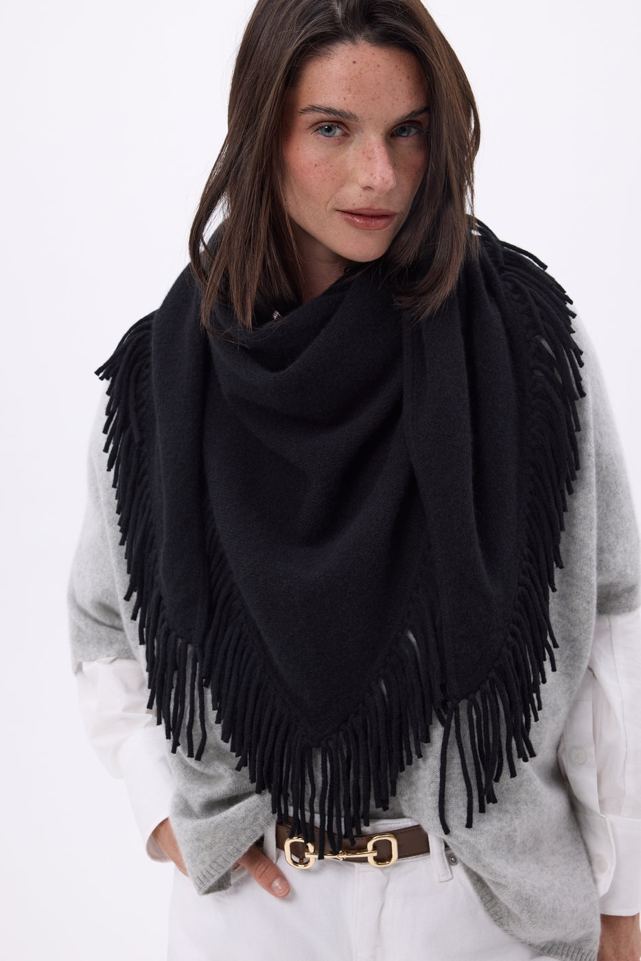 Grande Echarpe Triangle Bandana À Franges Gioia - Noir - Femme