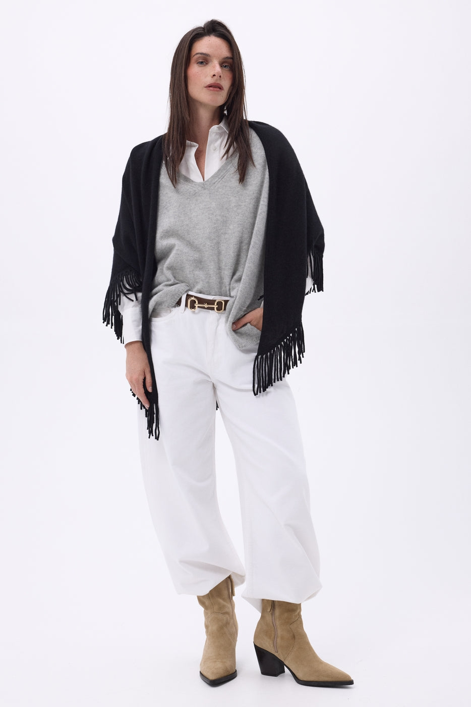 Grande Echarpe Triangle Bandana À Franges Gioia - Noir - Femme