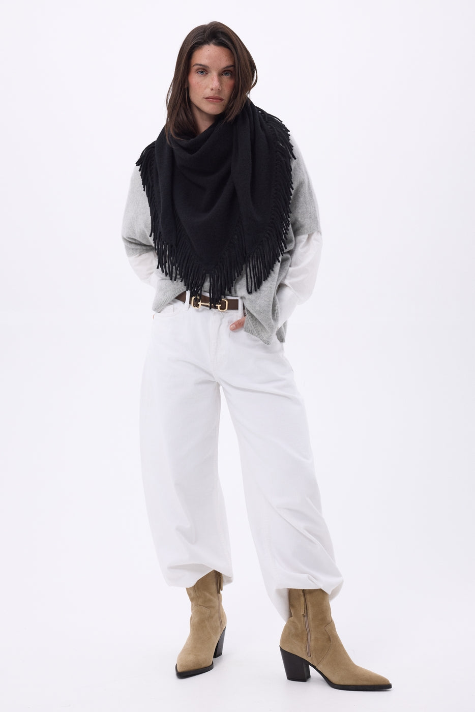 Grande Echarpe Triangle Bandana À Franges Gioia - Noir - Femme