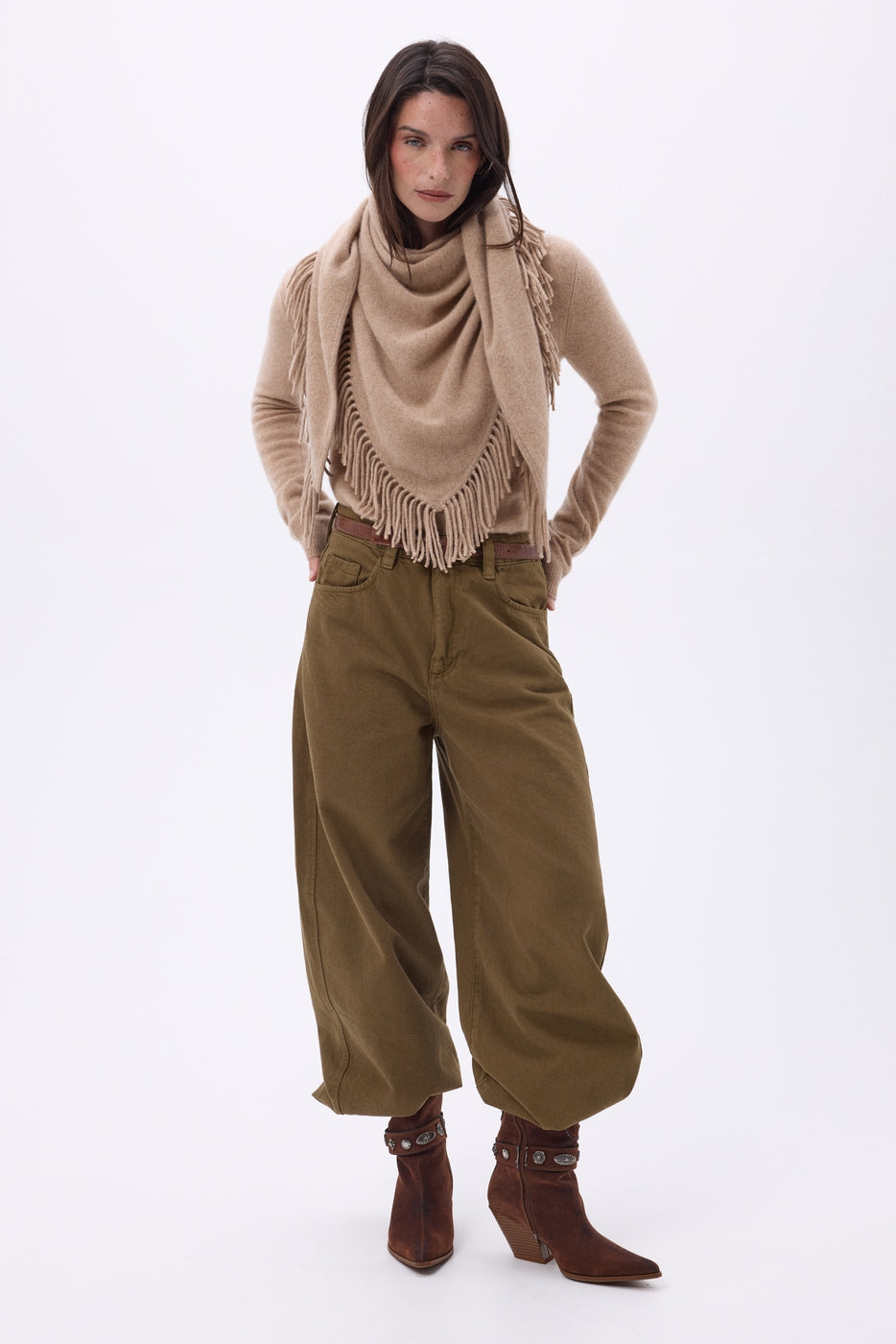 Grande Echarpe Triangle Bandana À Franges Gioia - Beige Creme - Femme