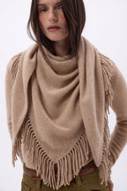 Grande Sciarpa Triangolare Bandana Con Frange Gioia - Beige Crema - Donna - 100% Cashmere