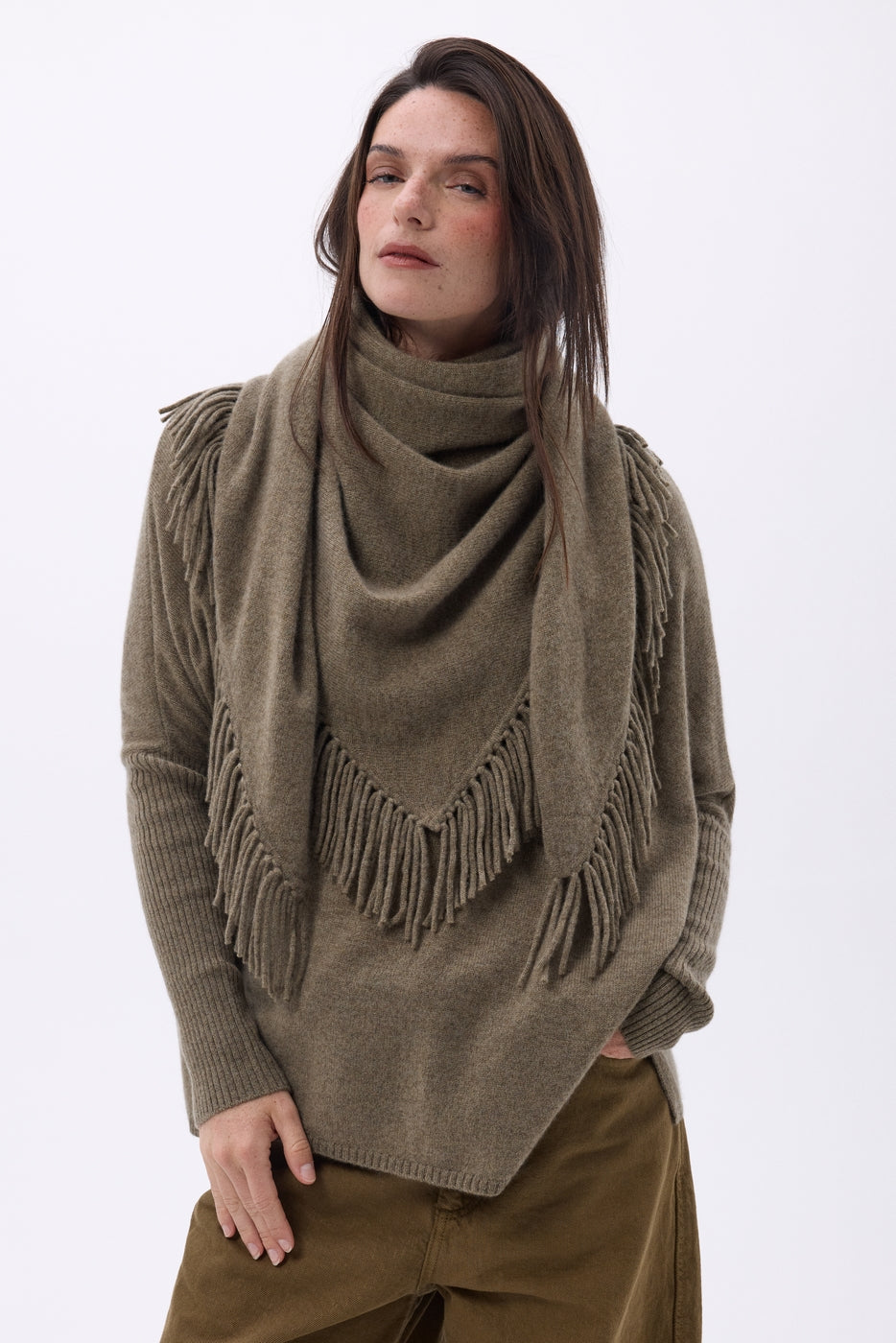 Large Gioia Fringed Triangle Bandana Scarf - Marl Khaki - Women
