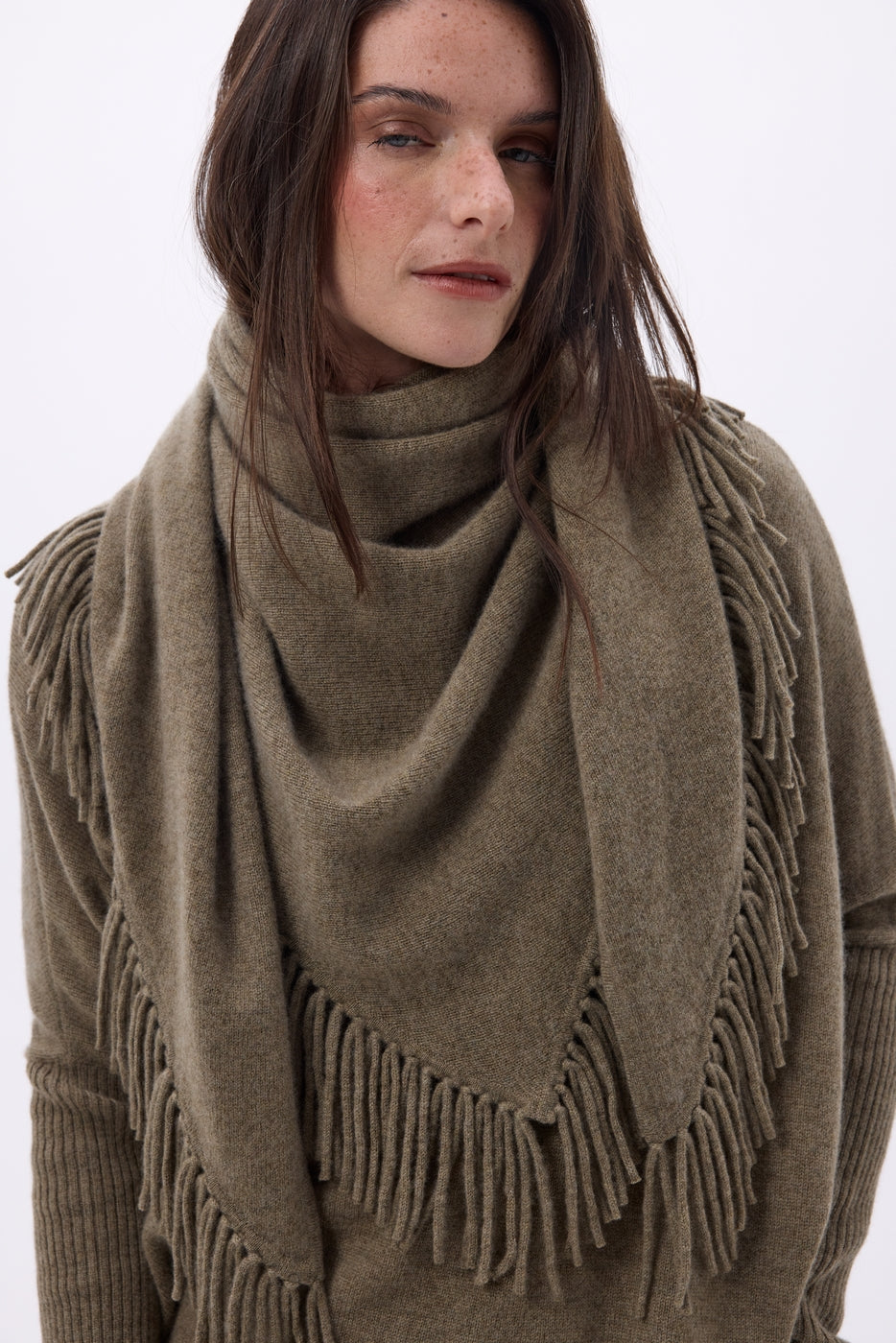 Large Gioia Fringed Triangle Bandana Scarf - Marl Khaki - Women