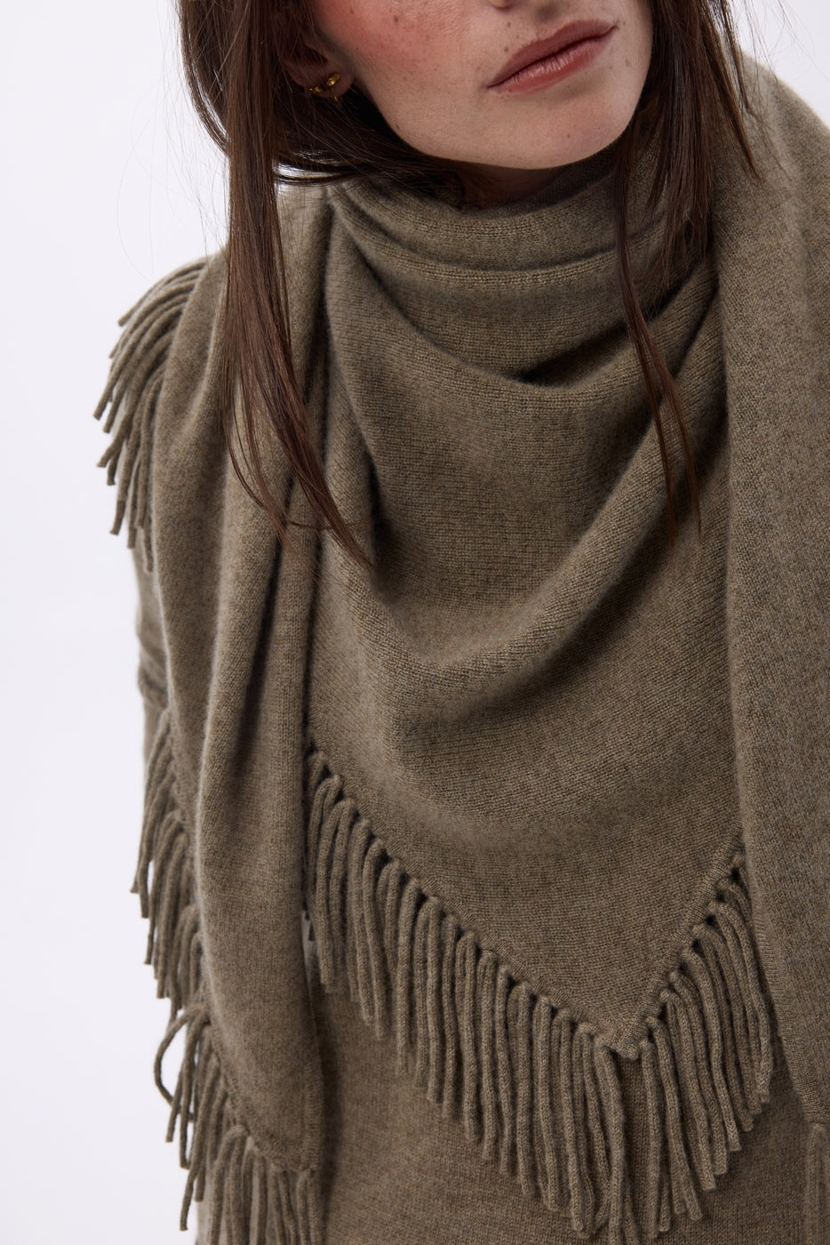 Large Gioia Fringed Triangle Bandana Scarf - Marl Khaki - Women