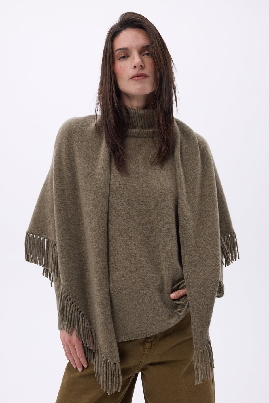 Large Gioia Fringed Triangle Bandana Scarf - Marl Khaki - Women