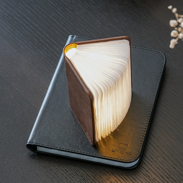 Gingko Design – Gingko Design - Lámpara Smart Book LED - Cuero Marrón - 2 Tamaños, lámpara con forma de libro abierto, colocada sobre un cuaderno negro