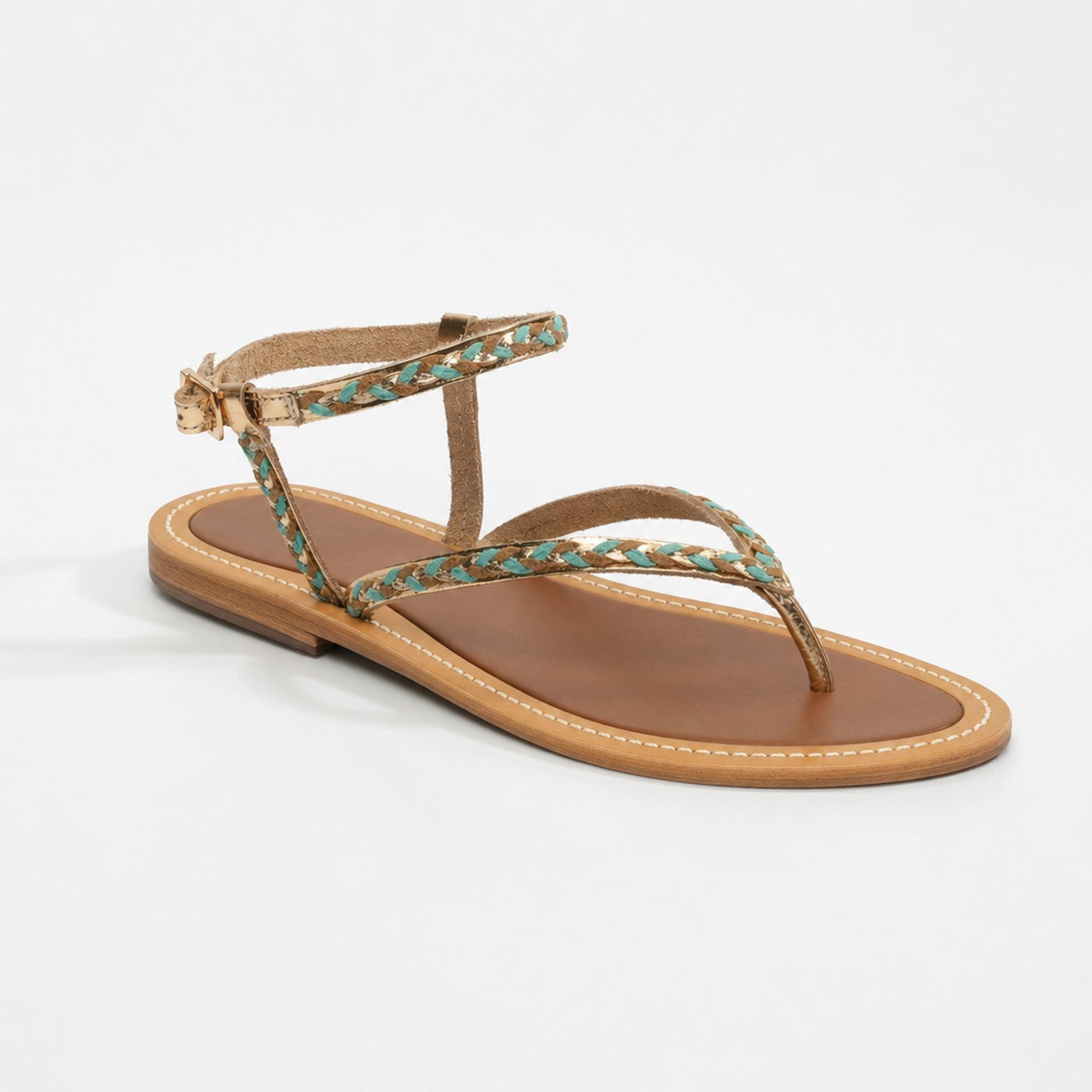 Sandalias Wyriela - Camel, verde pavo real y oro oscuro