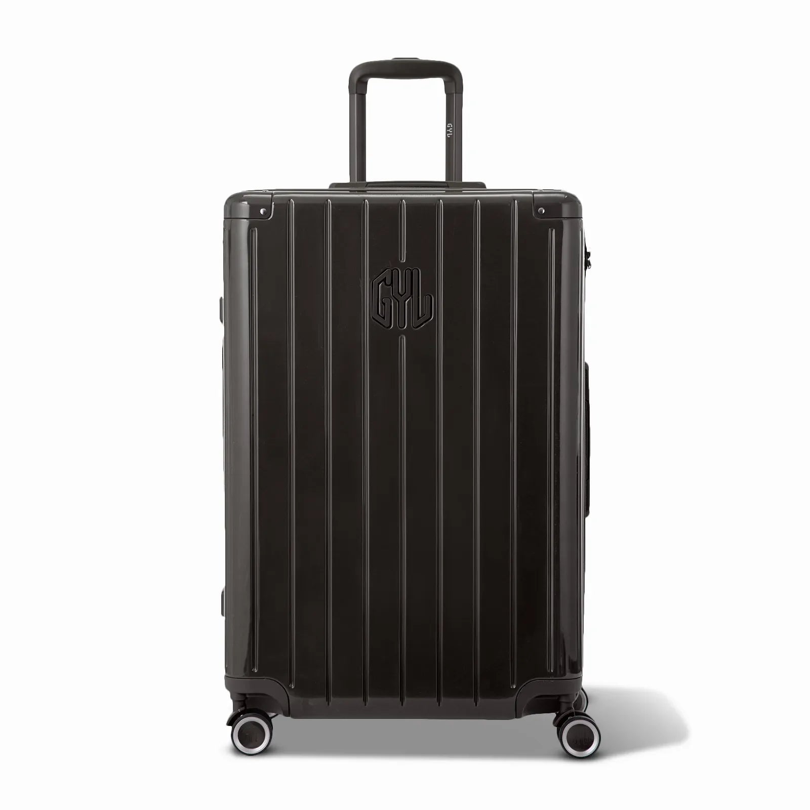 Front view of the GYL Intemporelle black hard-shell suitcase, embossed logo and 360-degree wheels. #couleur_noir