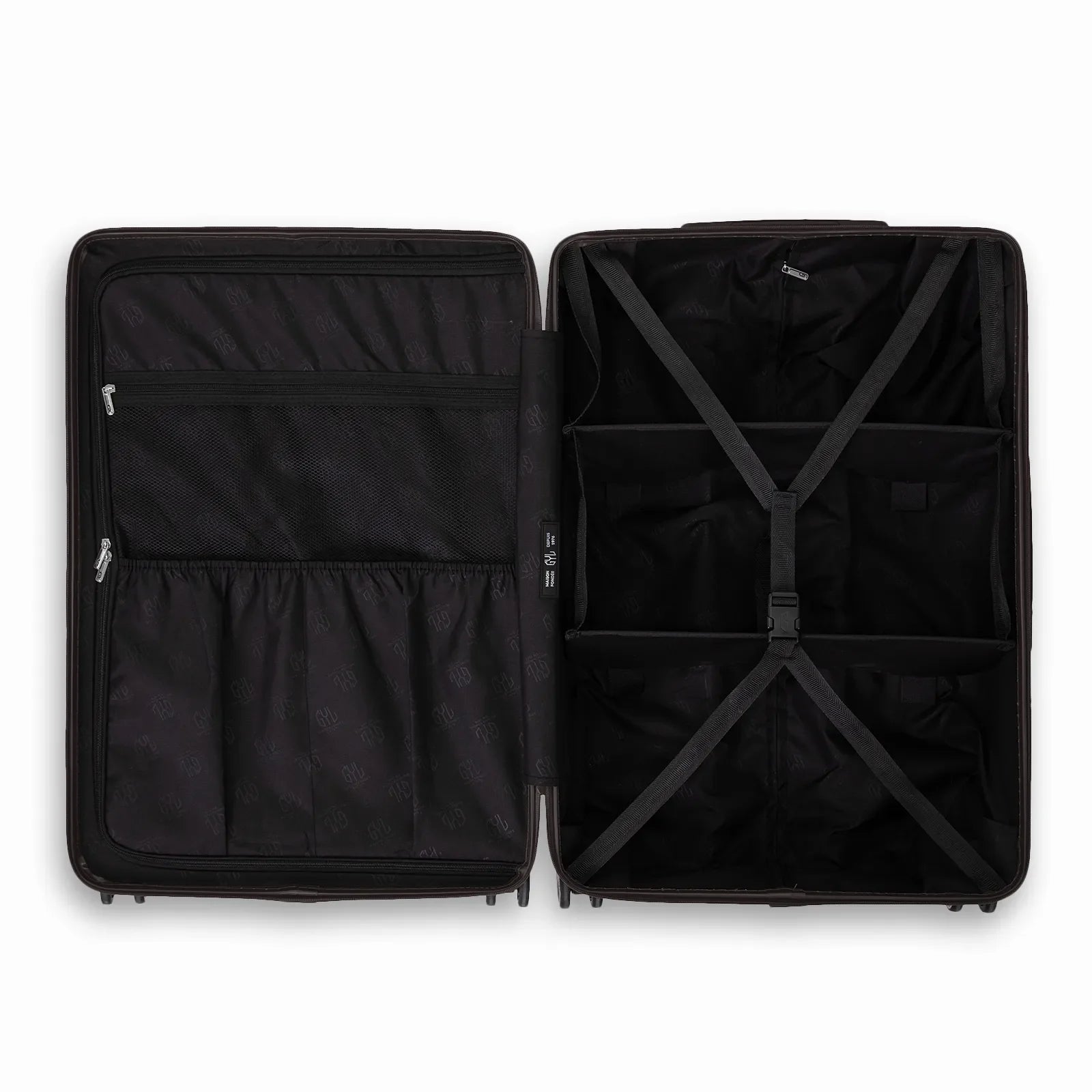 Compartmentalised interior of the GYL Intemporelle black suitcase with cross straps and mesh pockets. #couleur_noir