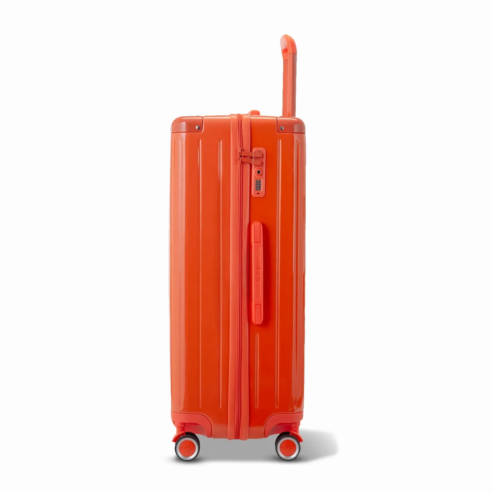 Side view of the GYL Intemporelle orange hard-shell suitcase with telescopic handle and TSA lock. #couleur_orange foncé
