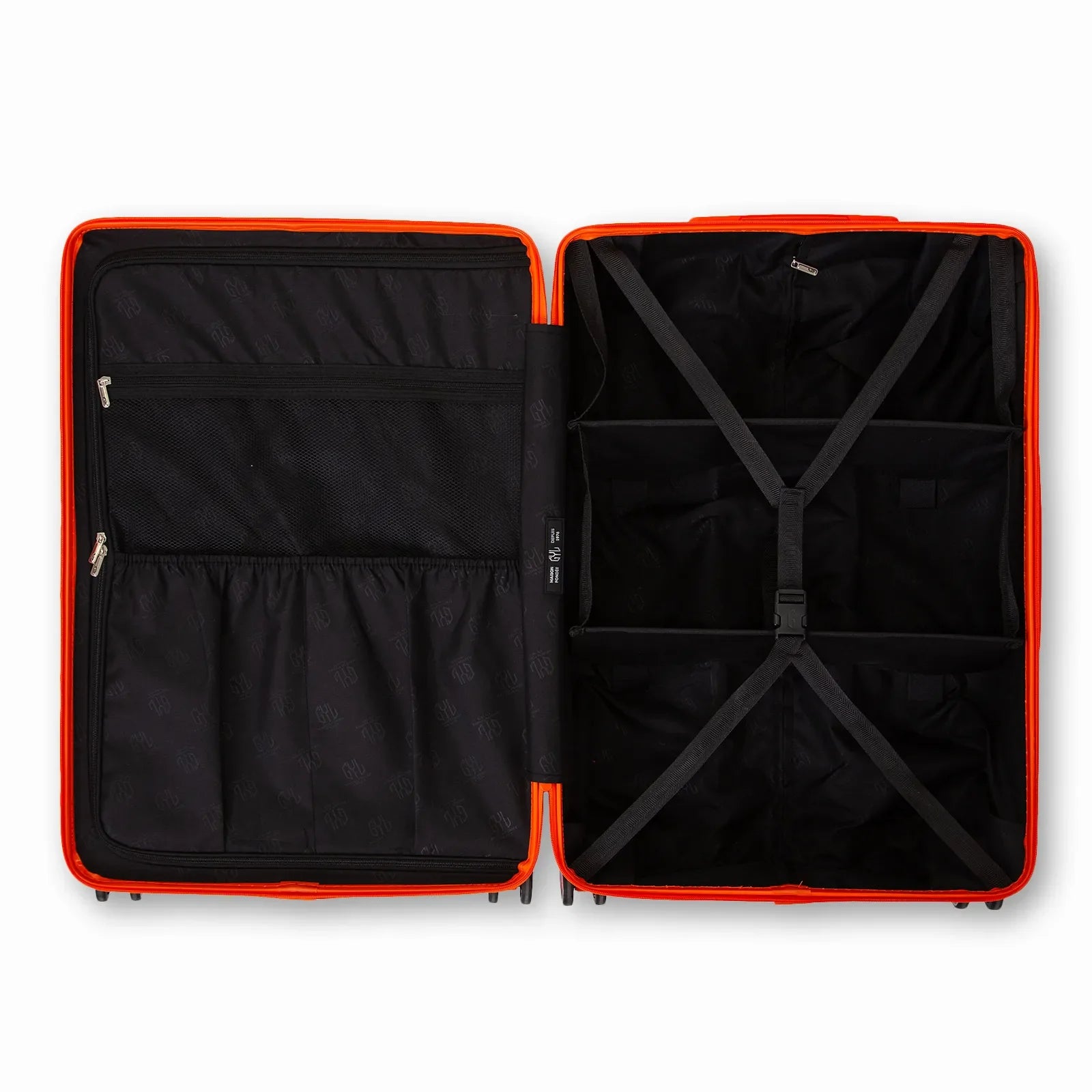 Compartmentalised interior of the GYL Intemporelle orange suitcase with cross straps and mesh pockets. #couleur_orange foncé