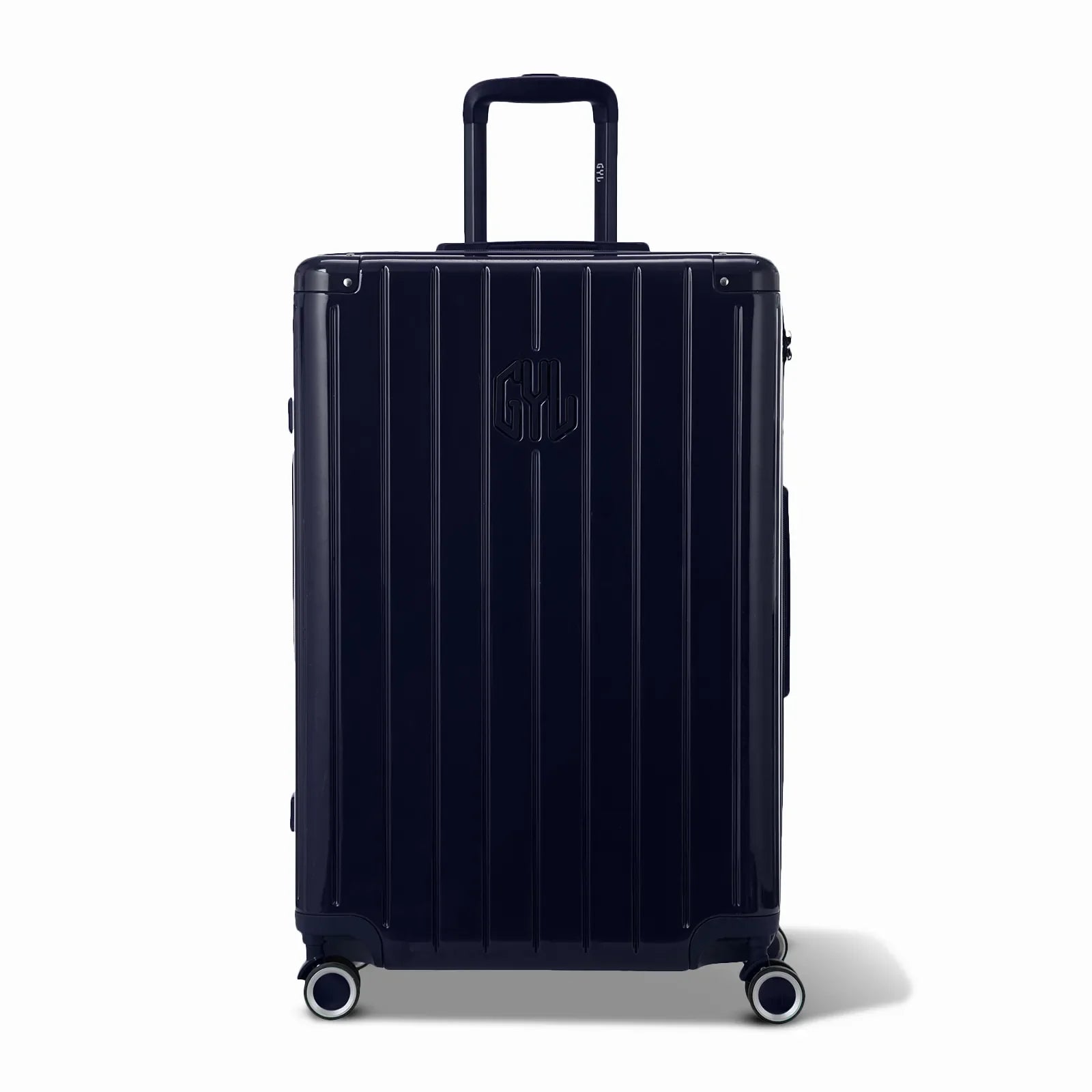 Front view of the GYL Intemporelle navy hard-shell suitcase, embossed logo and 360-degree wheels. #couleur_marine