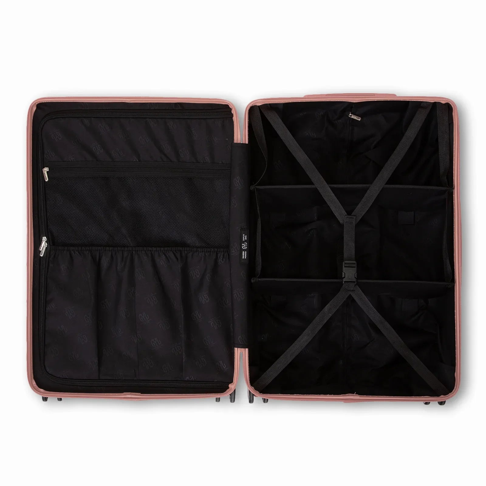 Compartmentalised interior of the GYL Intemporelle rose gold suitcase with cross straps and mesh pockets. #couleur_rose gold