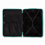 Compartmentalised interior of the GYL Intemporelle water green suitcase with cross straps and mesh pockets. #couleur_vert