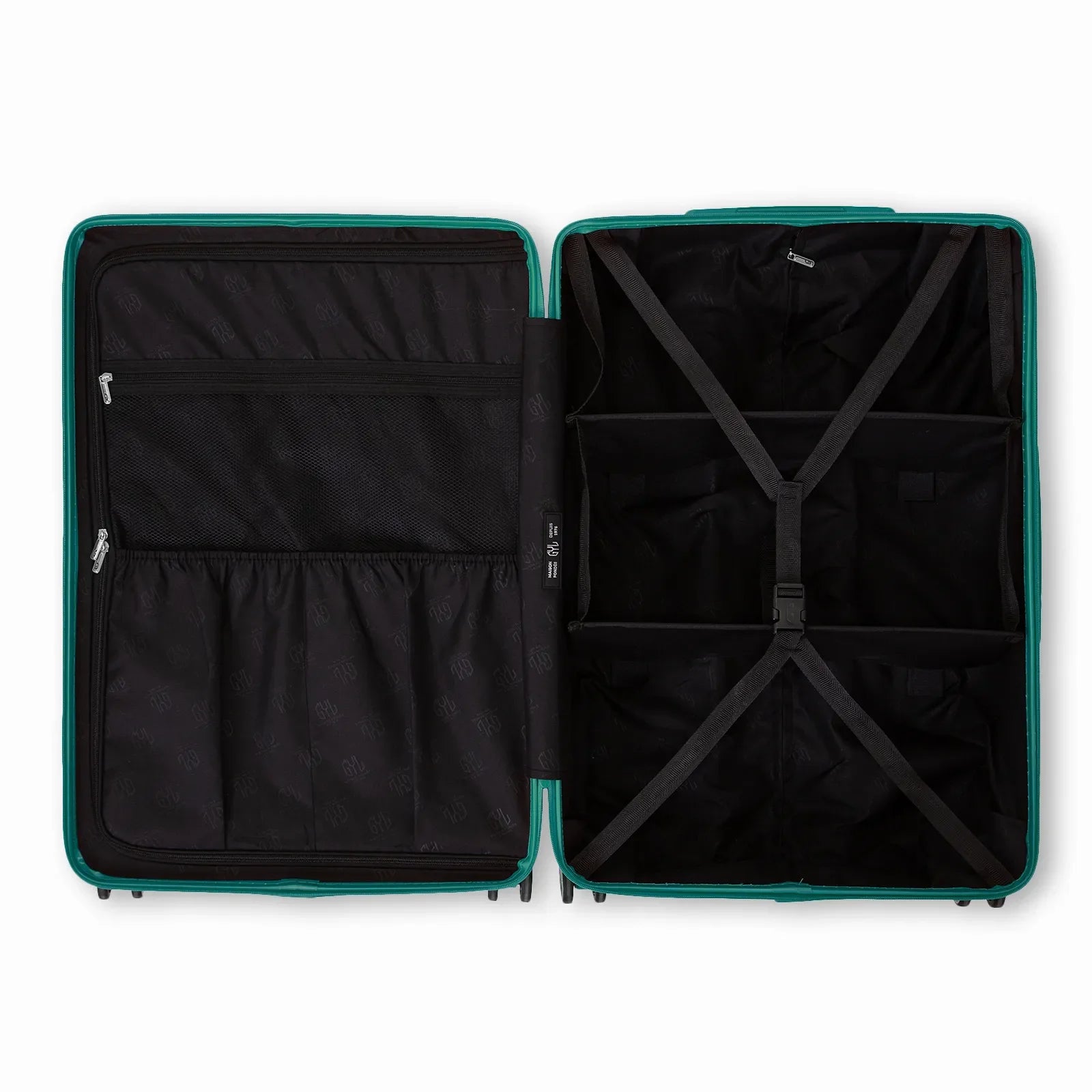 Compartmentalised interior of the GYL Intemporelle water green suitcase with cross straps and mesh pockets. #couleur_vert