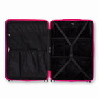 Compartmentalised interior of the GYL Intemporelle fuchsia suitcase with cross straps and mesh pockets. #couleur_fuchsia