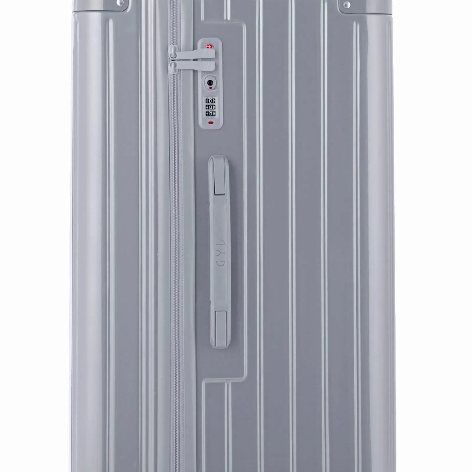 Detail of the TSA lock and side handle on the silver trunk suitcase. #couleur_argent