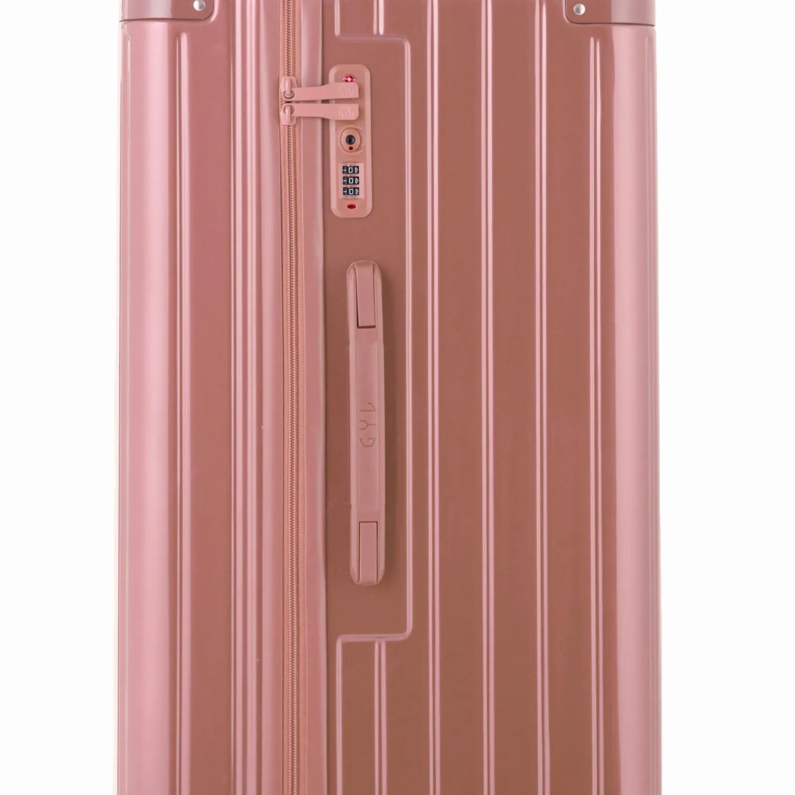 Detail of the TSA lock and side handle on the rose gold trunk suitcase. #couleur_rose gold