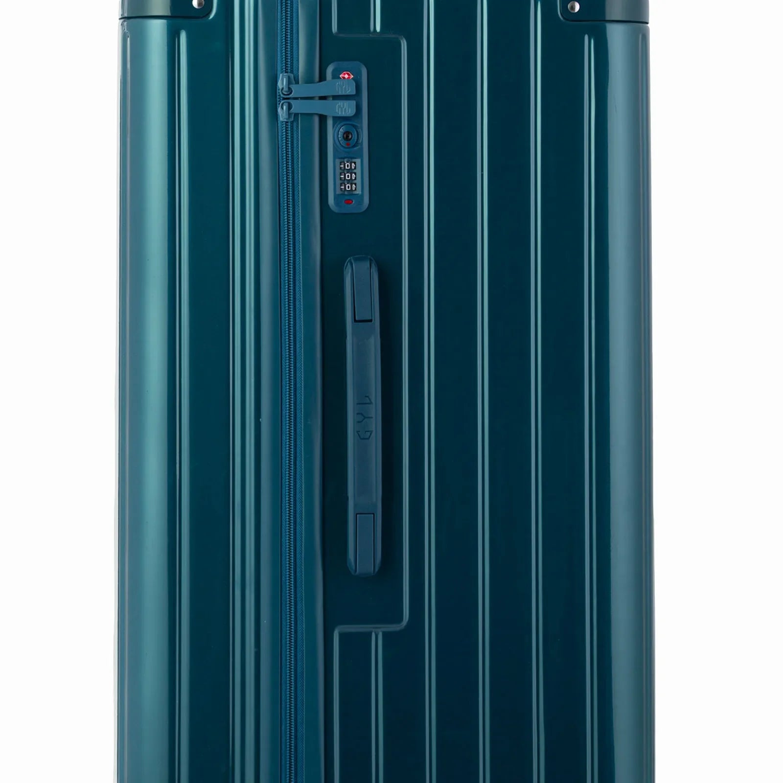 Detail of the TSA lock and side handle on the fir green trunk suitcase. #couleur_sapin