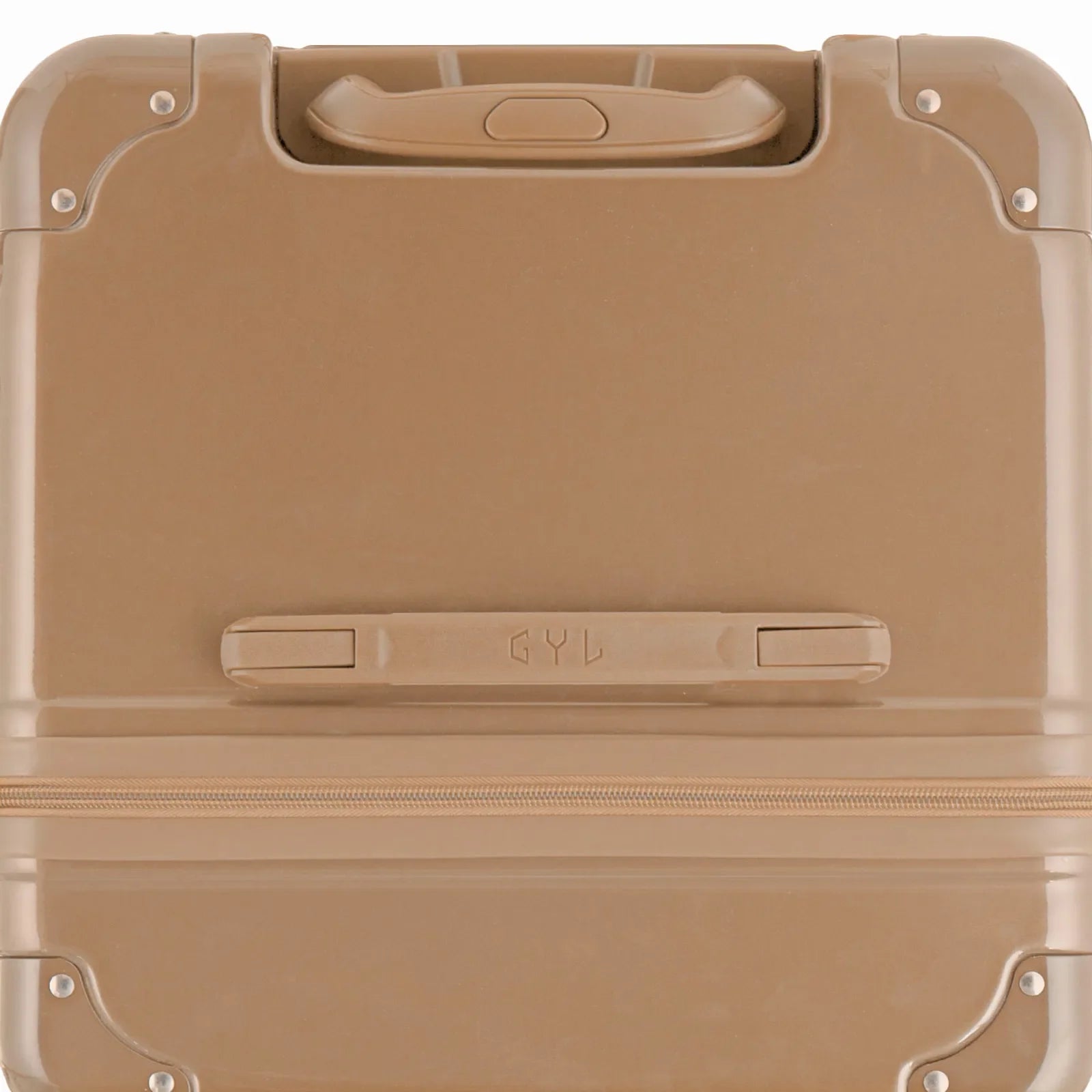 Top view of the GYL trunk suitcase in champagne polycarbonate, with central handle and reinforced corners. #couleur_champagne