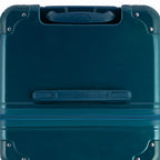 Top view of the GYL trunk suitcase in fir green polycarbonate, with central handle and reinforced corners. #couleur_sapin