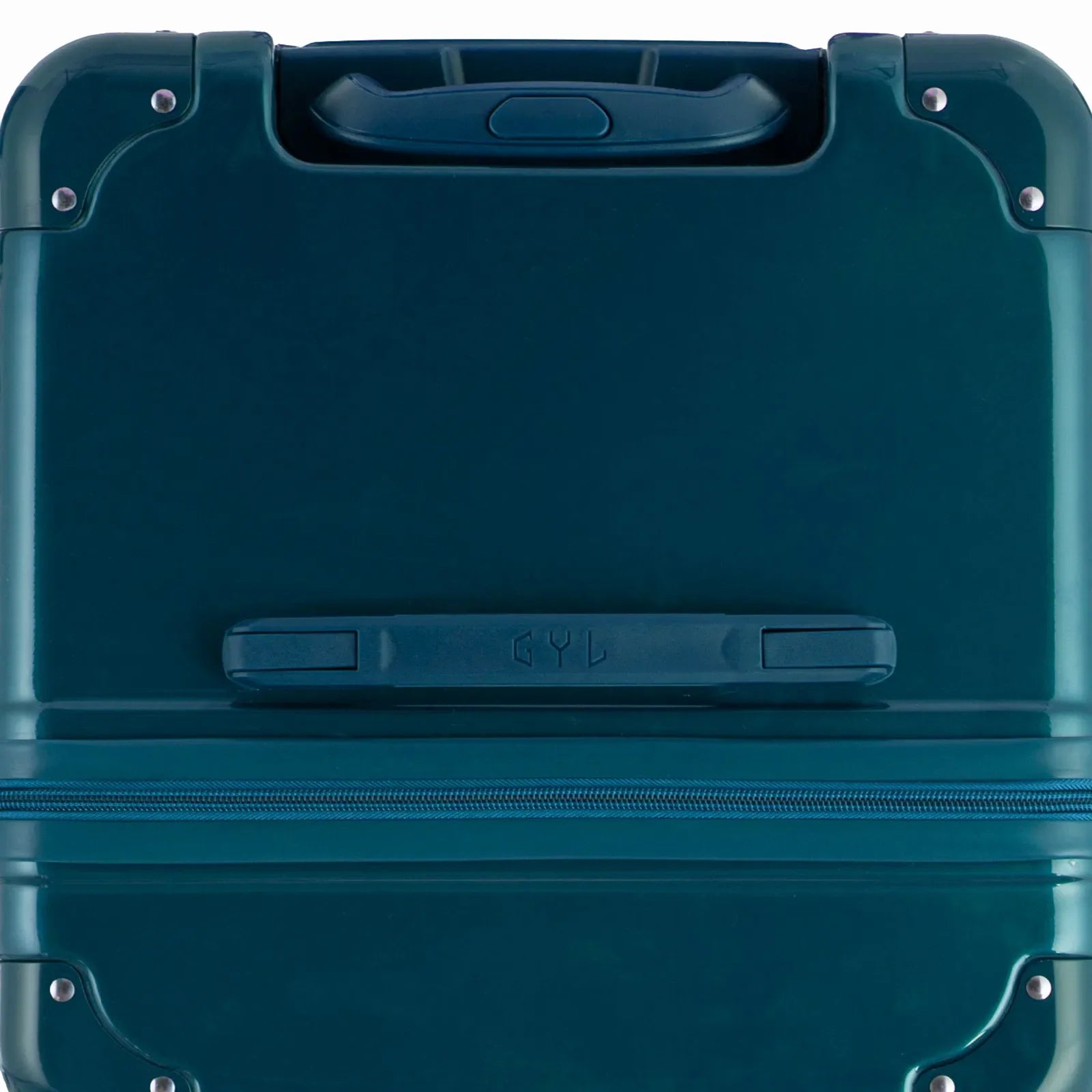 Top view of the GYL trunk suitcase in fir green polycarbonate, with central handle and reinforced corners. #couleur_sapin
