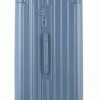 Detail of the TSA lock and side handle on the grey-blue trunk suitcase. #couleur_bleu grisé