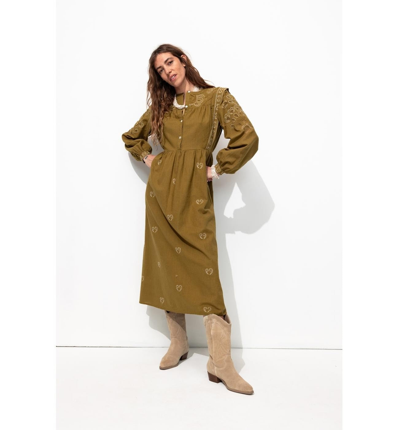 Mujer Vestido Largo Bordado Color Caqui Claro