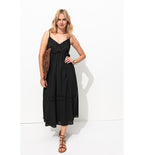 Embroidered Dress with Thin Straps - Plain Dark Black