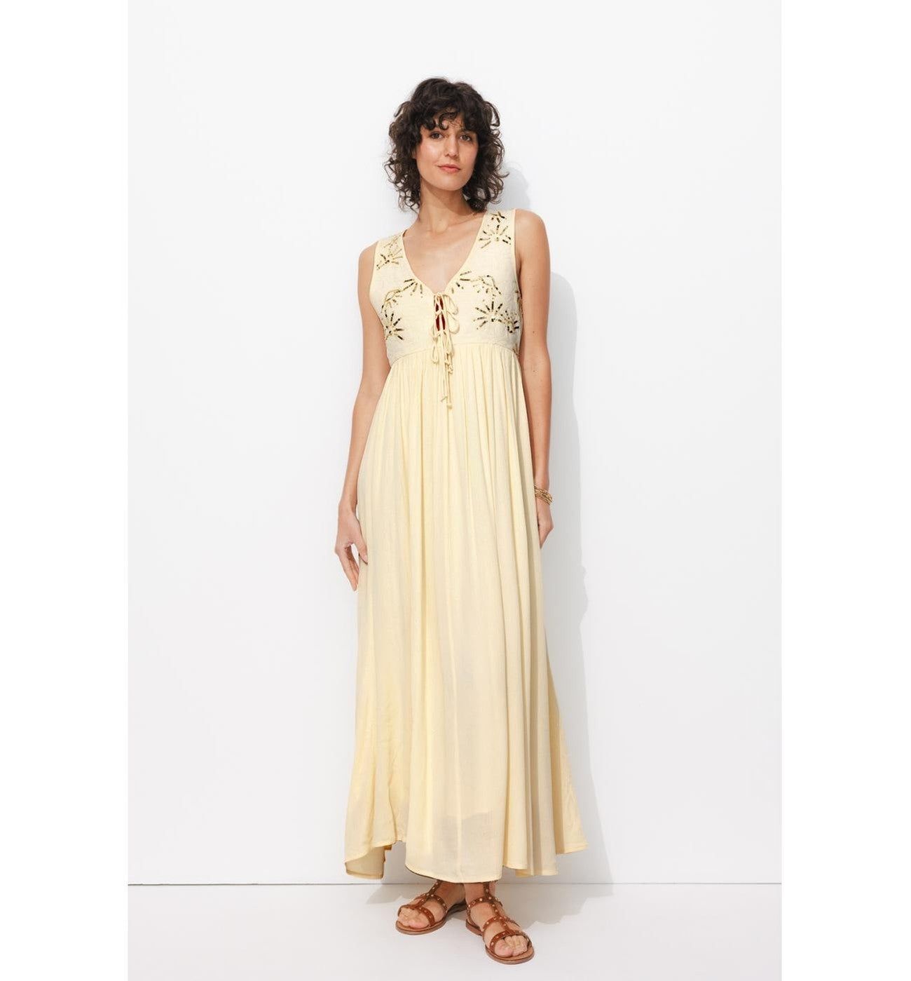 Robe Brodée de Sequins Femme - Naturel Uni Clair