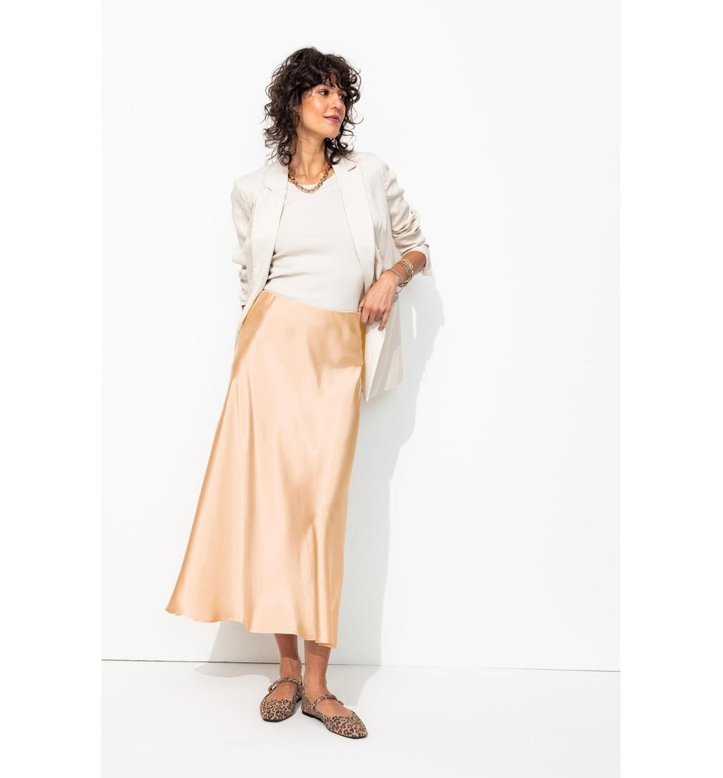 Falda Midi De Satén Liso - Natural Claro Liso