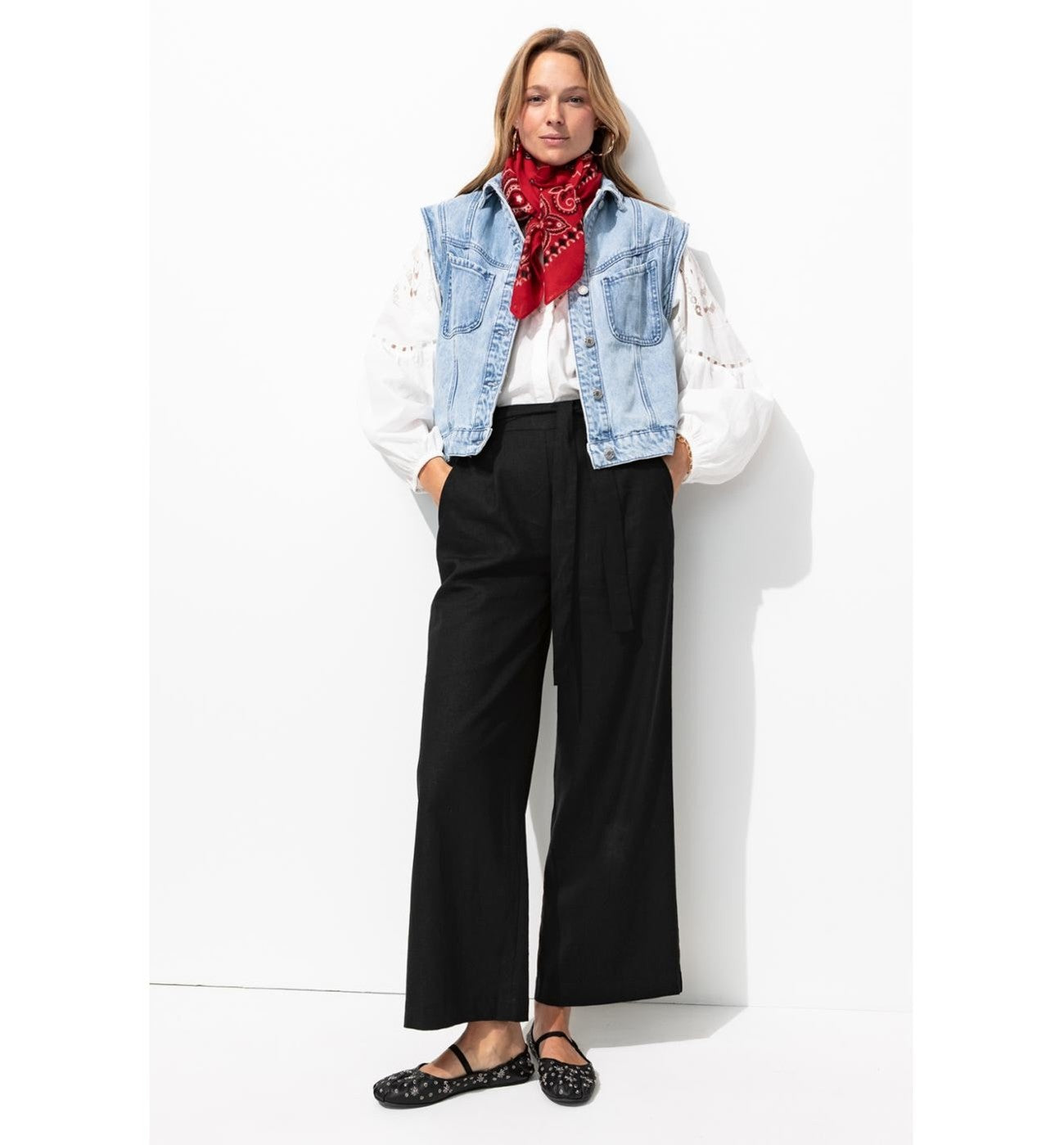 Wide Linen Blend Trousers - Plain Dark Black