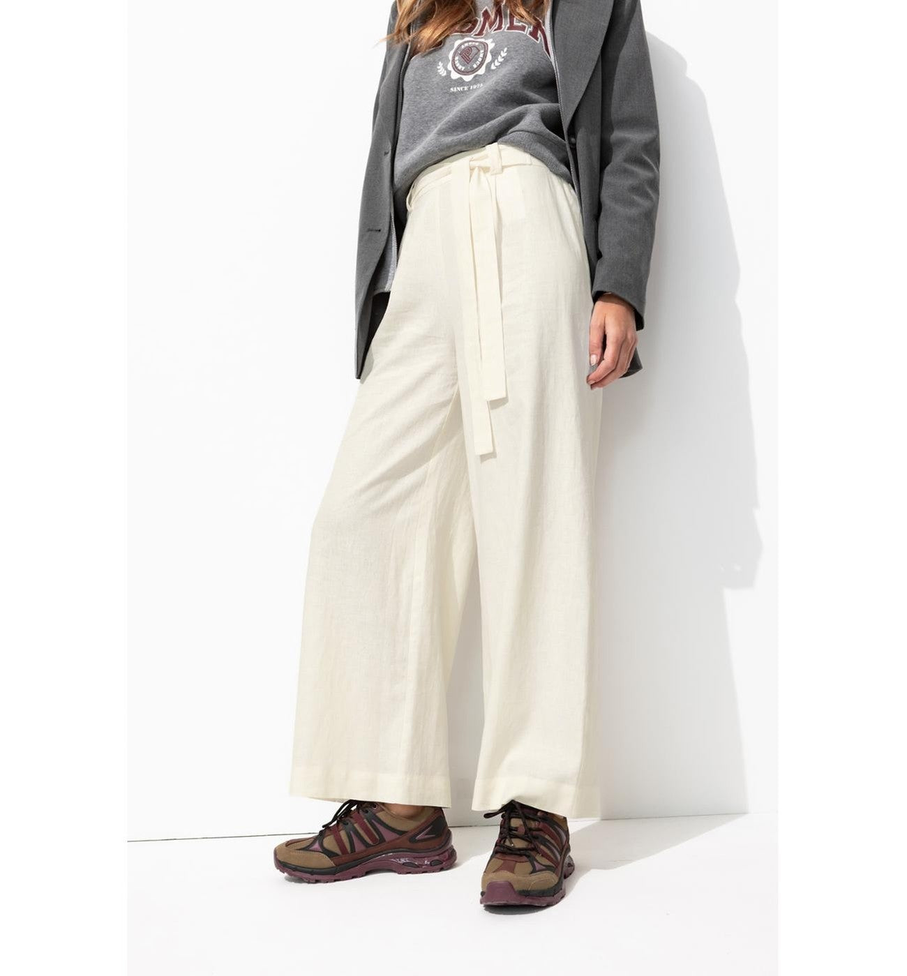 Pantalón Ancho De Mezcla De Lino - Liso Natural Claro