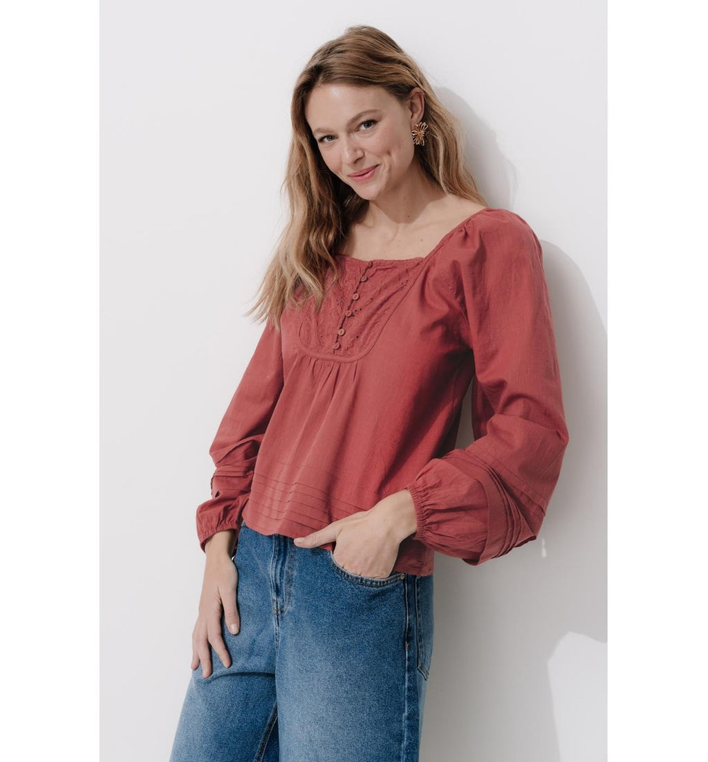 Blusa con mangas globo para mujer - Un color rojo