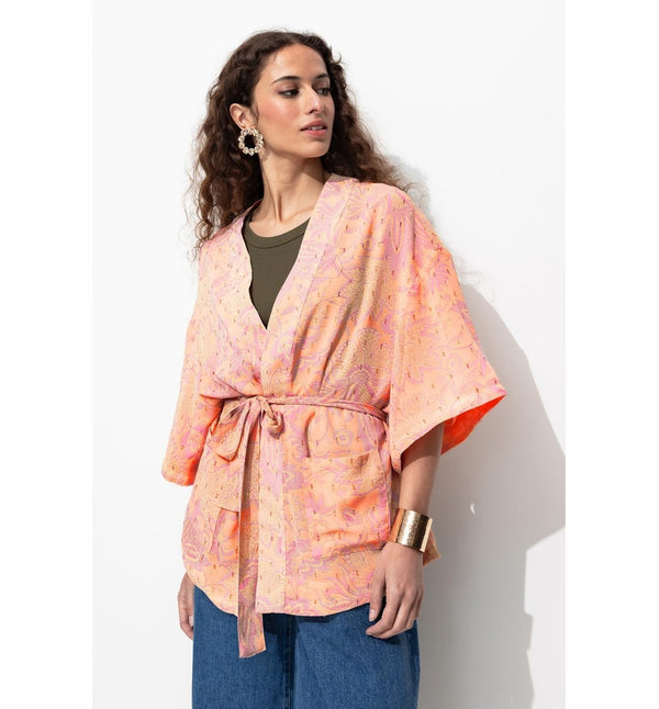 Chaqueta tipo kimono estampada para mujer, color naranja liso