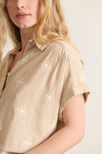 Beige shirt with embroidery shirt collar cutouts and gathers top with refined look women's wardrobe clothing