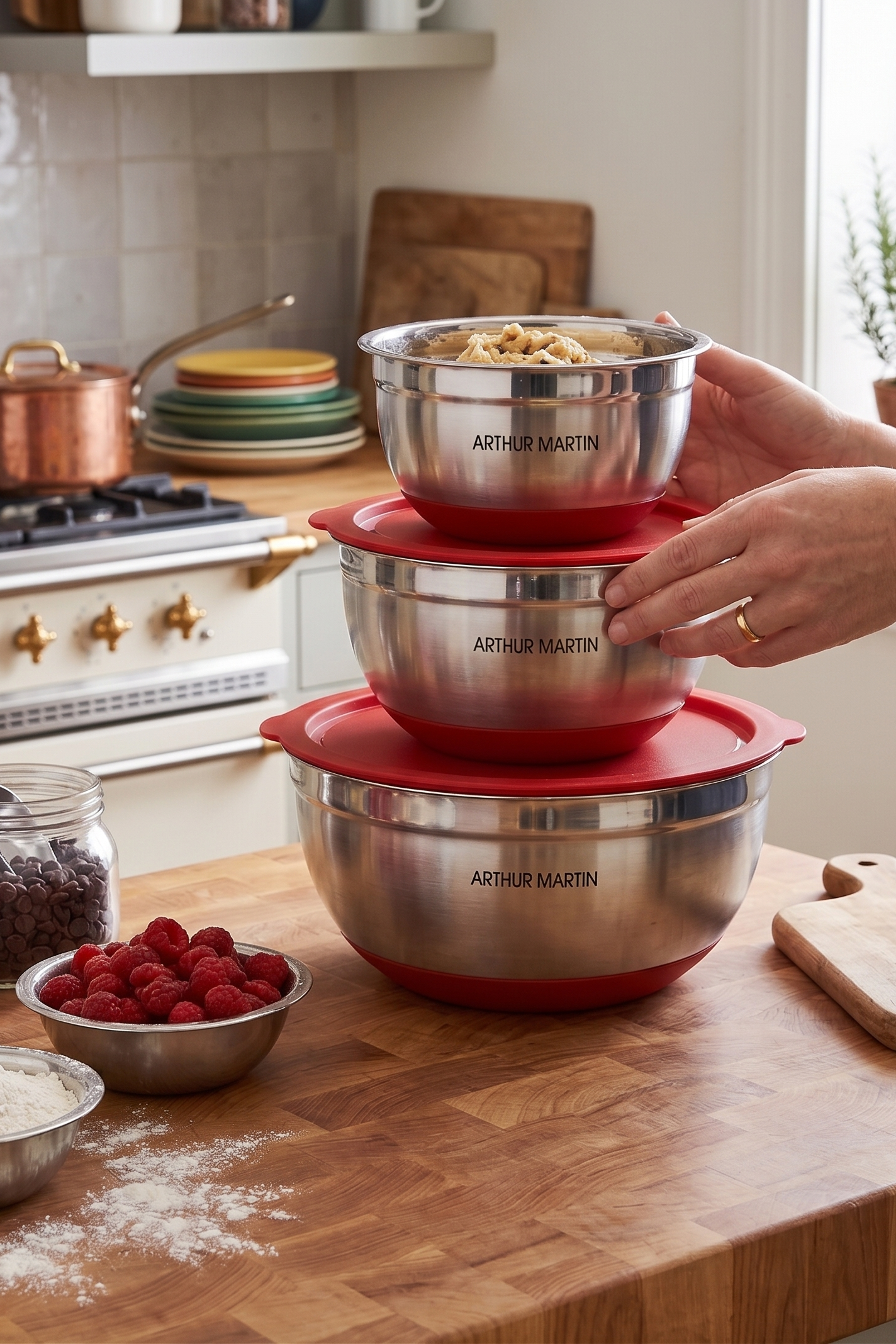 Set of 3 Mixing Bowls 16/20/24cm - Stainless Steel - Red