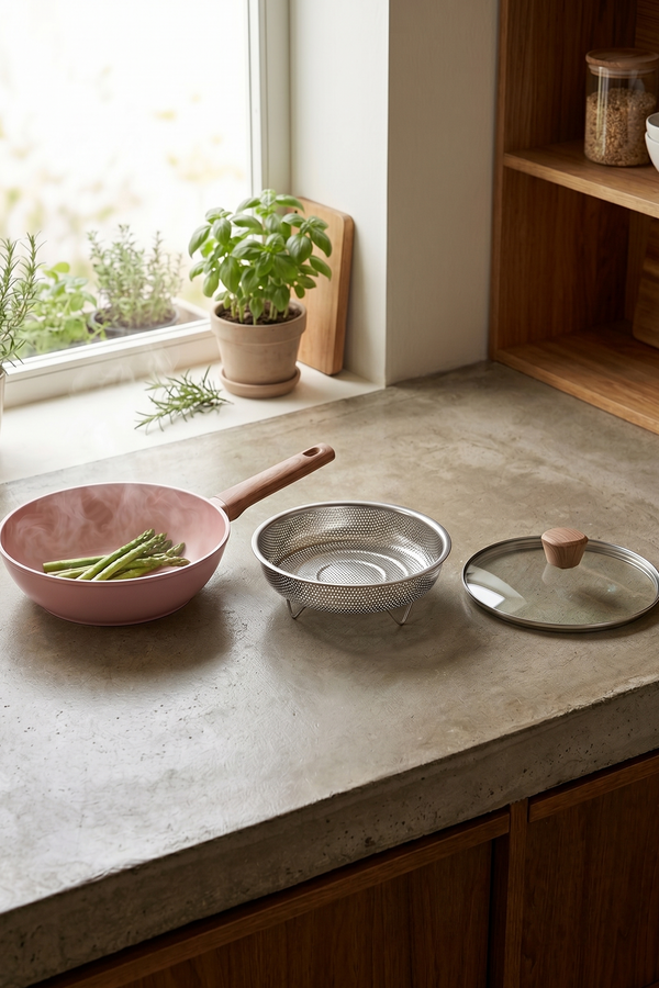 Sartén Con Tapa + Cesta 28cm - Aluminio Forjado - Revestimiento Cerámico - Rosa