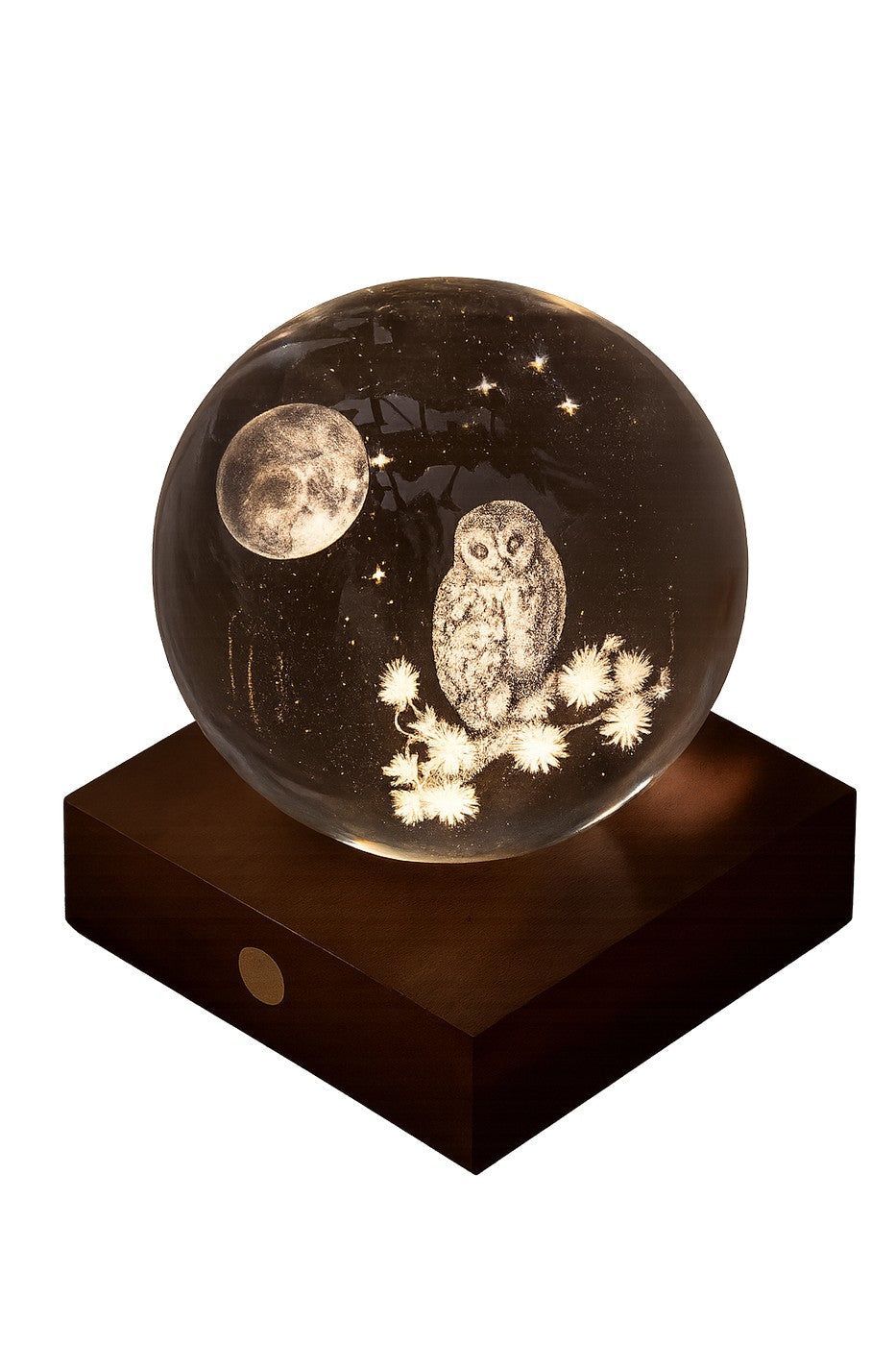 Gingko Design – Amber Crystal Light - Uil en Maan, glazen bol met een uil en de maan op een houten voet