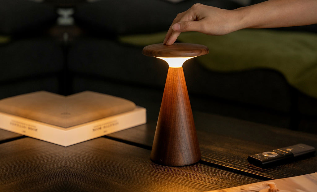 Gingko Design – Lámpara de mesa Sylva - Nogal - 2 tamaños, lámpara de mesa de madera, encendida, colocada sobre una mesa de centro