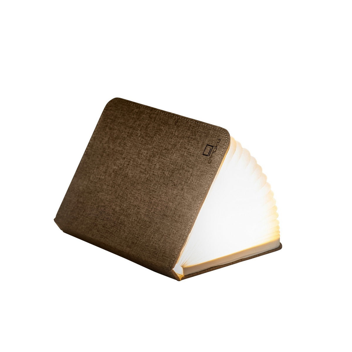 Gingko Design – Lampada Smart Book LED - Lino Marrone Caffè - Mini, libro luminoso marrone aperto su sfondo bianco, vista di tre quarti
