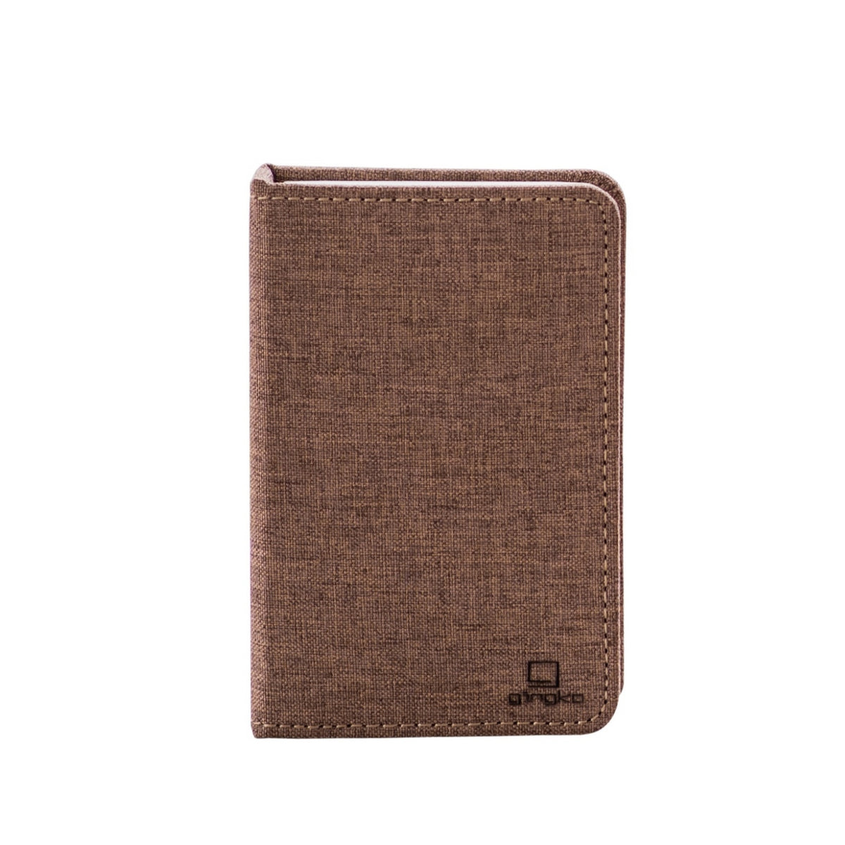 Gingko Design – Lampada Smart Book LED - Lino Marrone Caffè - Mini, porta-tessere marrone in tessuto, vista frontale su sfondo bianco