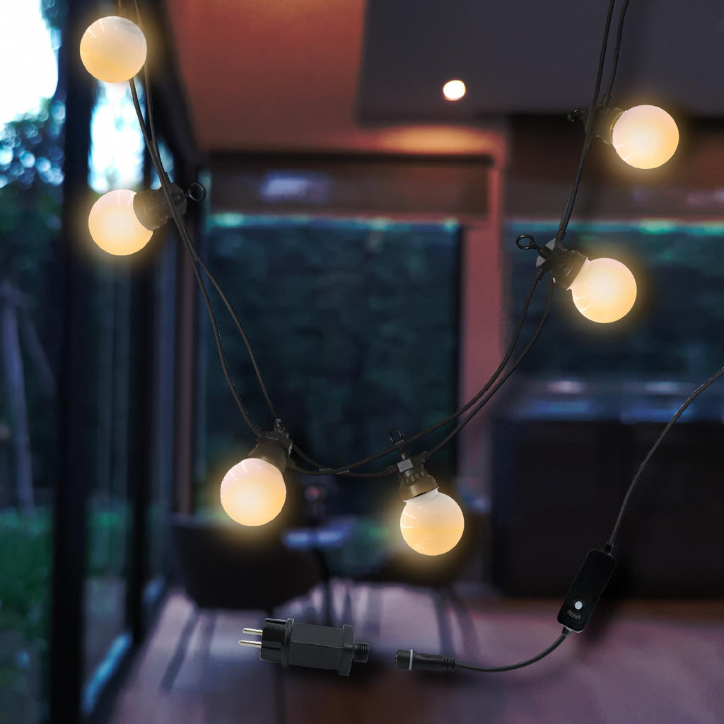 Connectable outdoor light garland 10 warm white LED guinguette globes PARTY MILKY 6.50m 8 modes - REDDECO.com