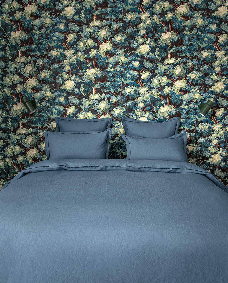 Copripiumino - Lino - Finitura Punto Cordoncino - Blu Orizzonte con Bordino Nero