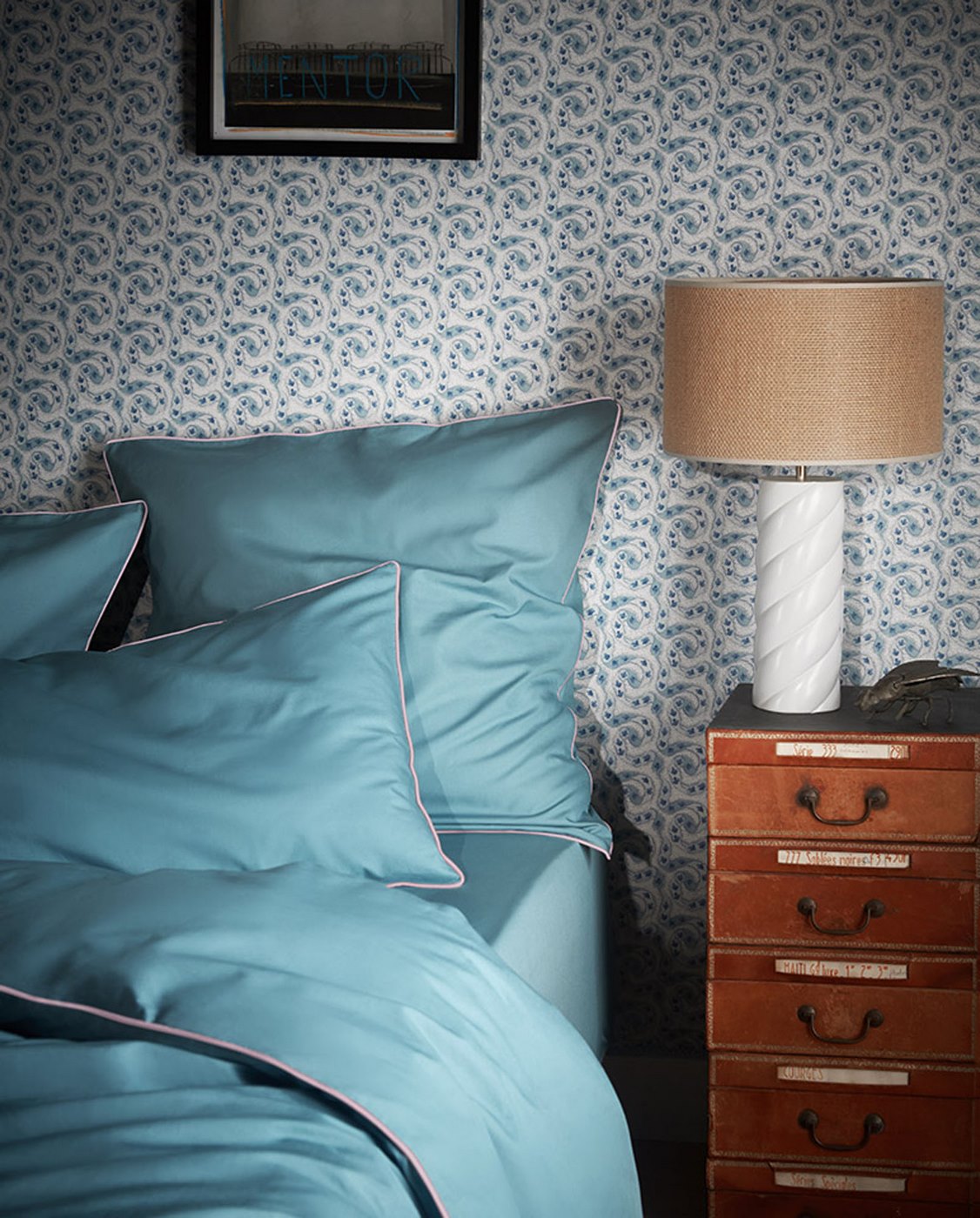 Housse De Couette - Percale De Coton - Bleu Chardin Liseré Rose Nymphe