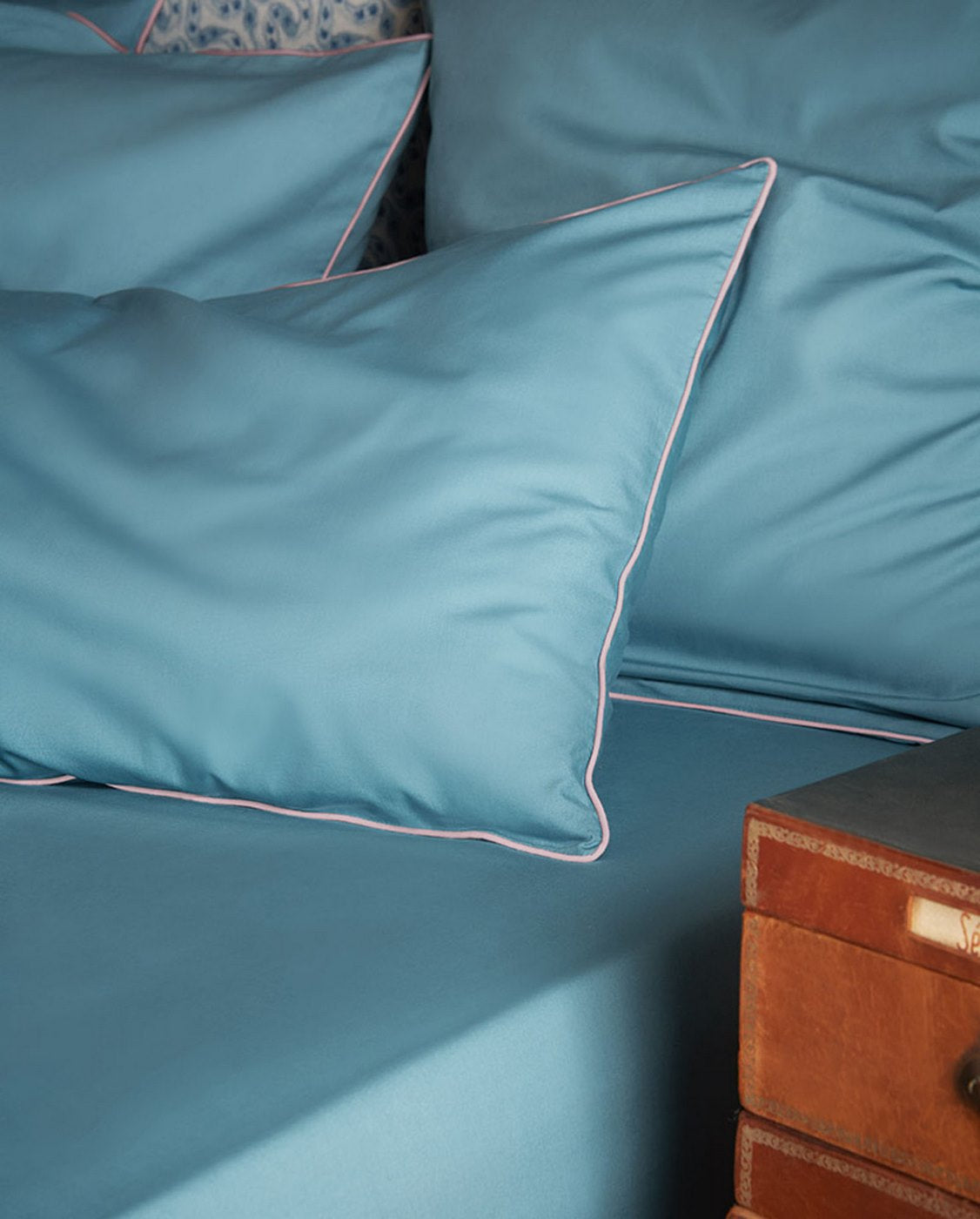 Housse De Couette - Percale De Coton - Bleu Chardin Liseré Rose Nymphe