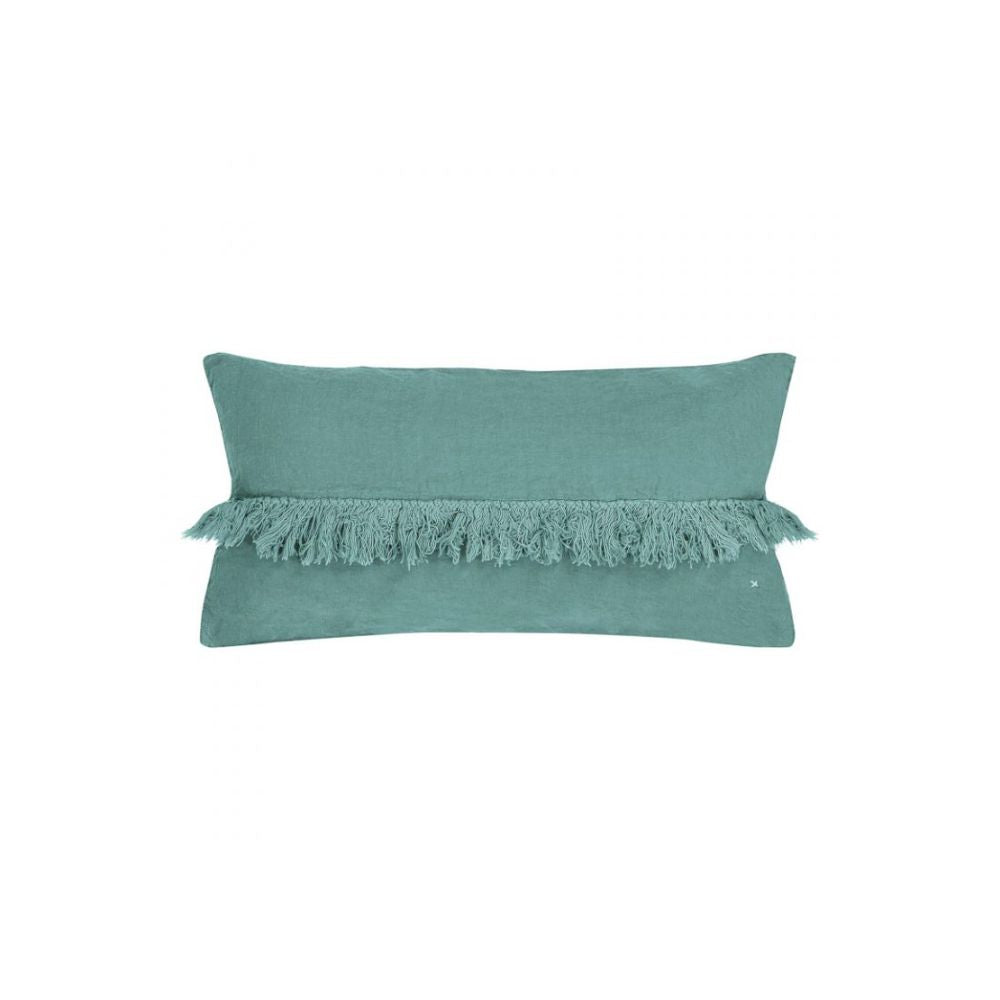 Washed Linen Cushion Cover with Fringed Finishes - Green