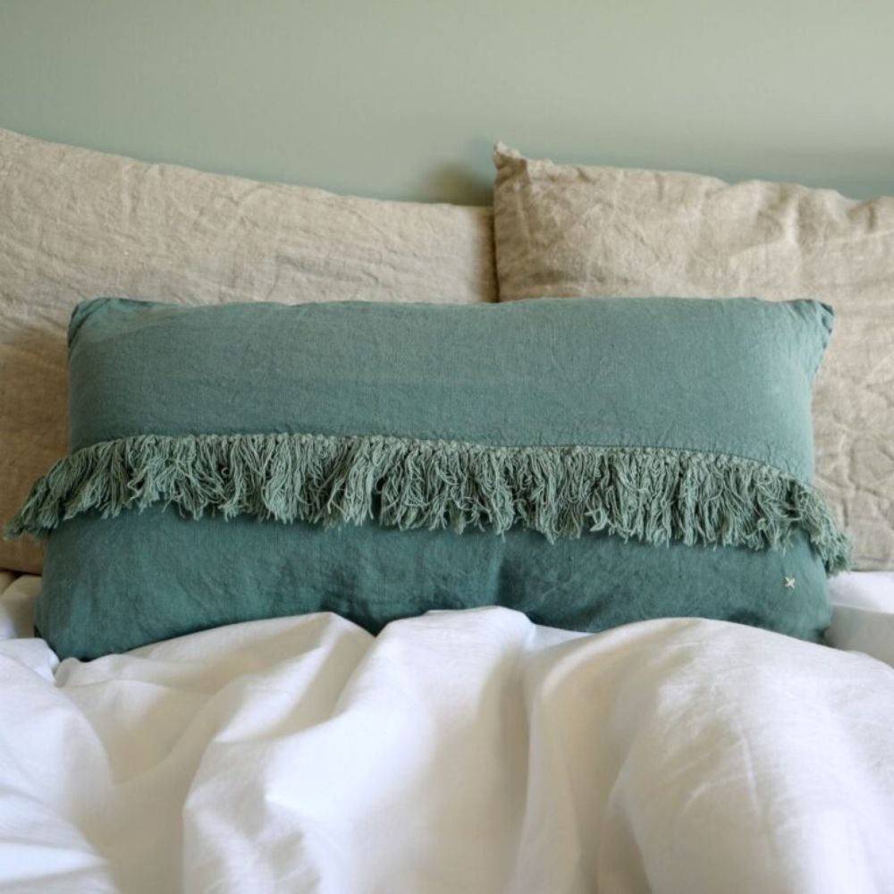 Washed Linen Cushion Cover with Fringed Finishes - Green