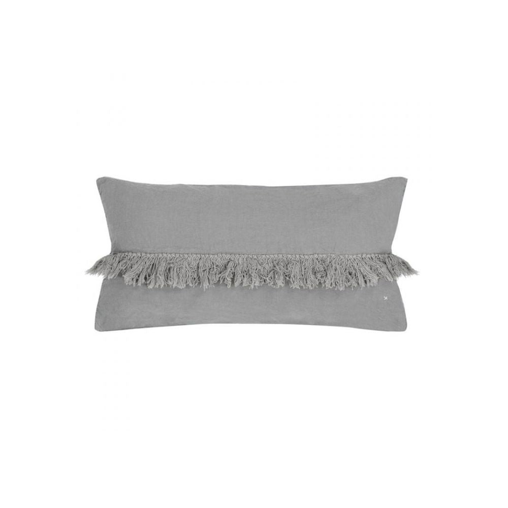 Washed Linen Cushion Cover with Fringed Finishes - Grey