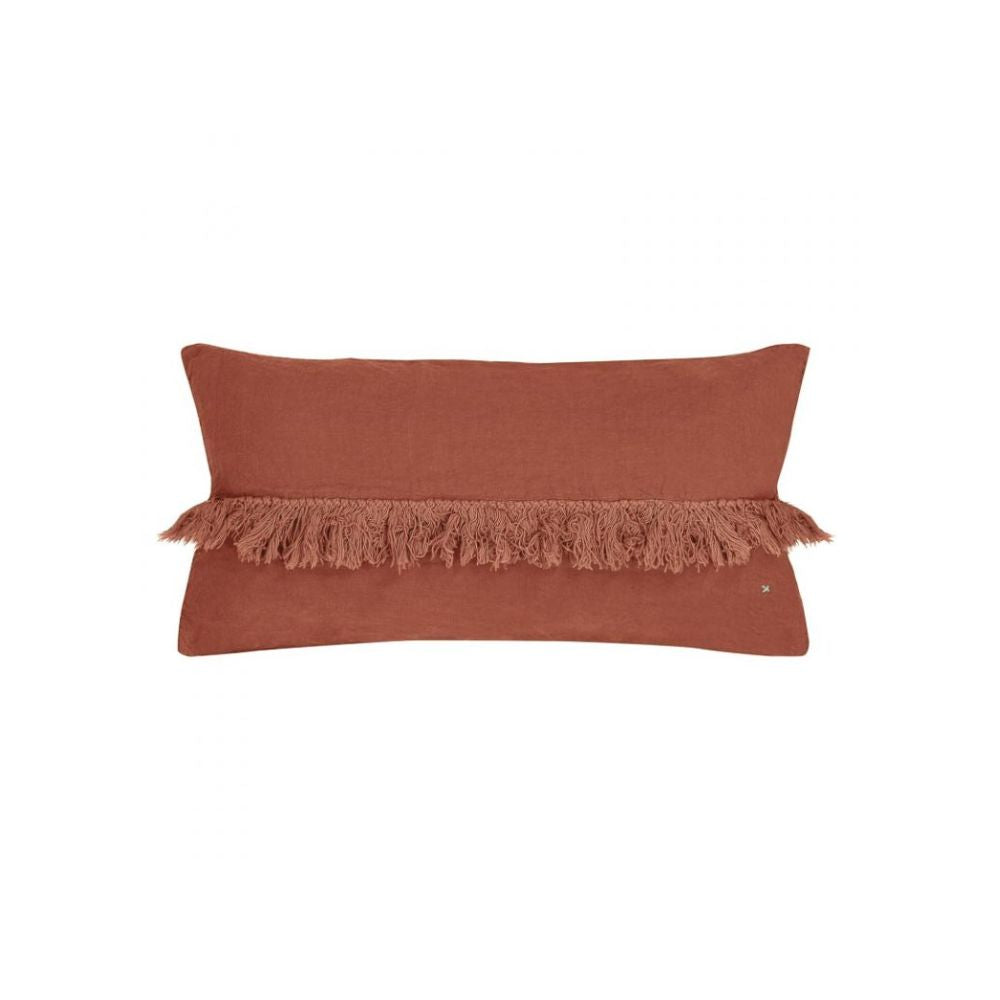 Washed Linen Cushion Cover with Fringed Trim - Red
